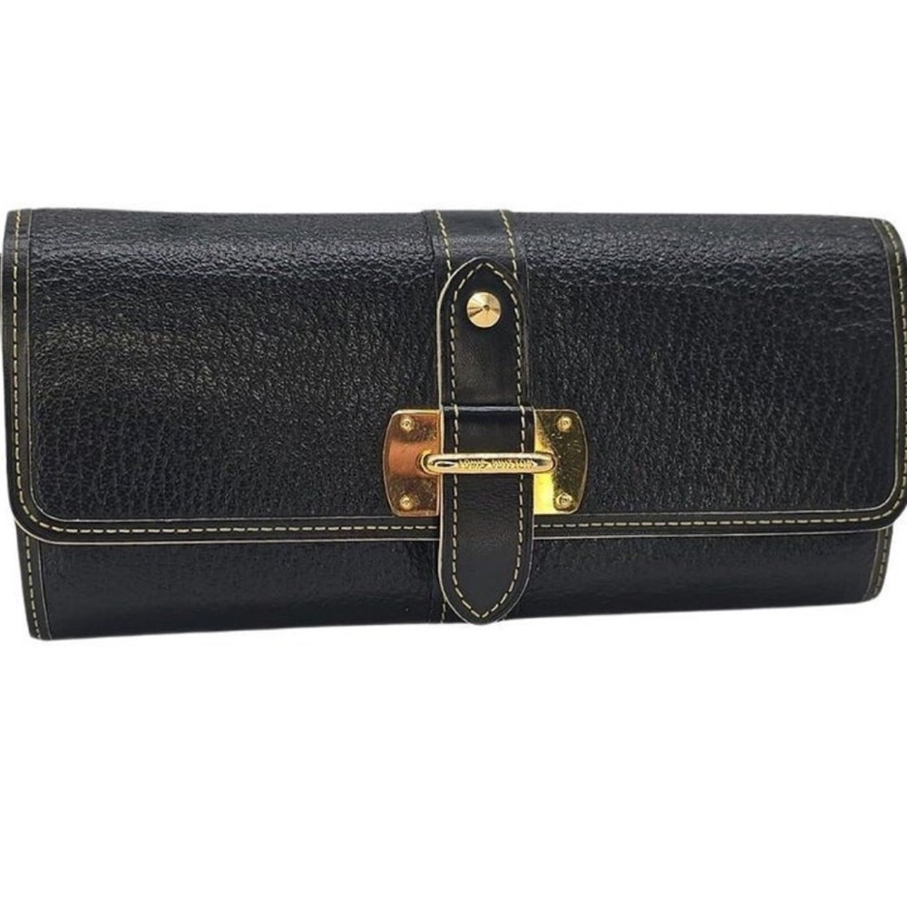 Authentic Louis Vuitton Suhali Le Favori Wallet Blackk Leather Gold Snap Large